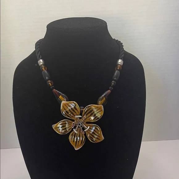 Chico's Brown, Black and Gold Floral Necklace with sliver tone and amber stones - Picture 1 of 2